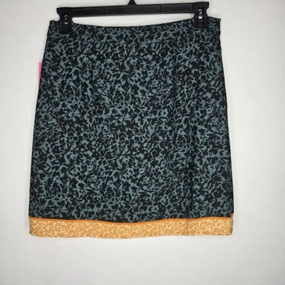 Vince Camuto Womens SZ 14 Green Black Floral Pencil Skirt Orange Trim Lined NWT